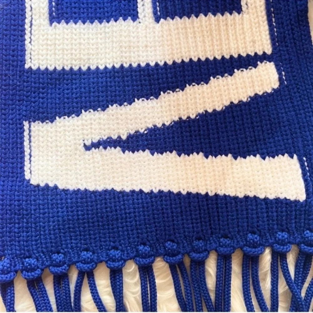 New! VERSACE Logo Intarsia Knit Fringe Oversized Unisex Wool Scarf in Royal Blue